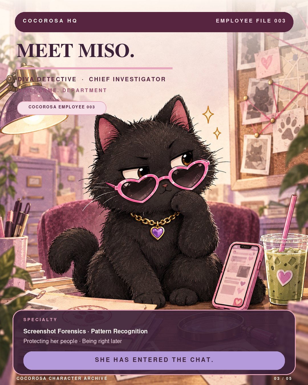 Miso, the fluffy black COCOROSA cat in pink heart glasses and a purple heart necklace, at her investigation desk