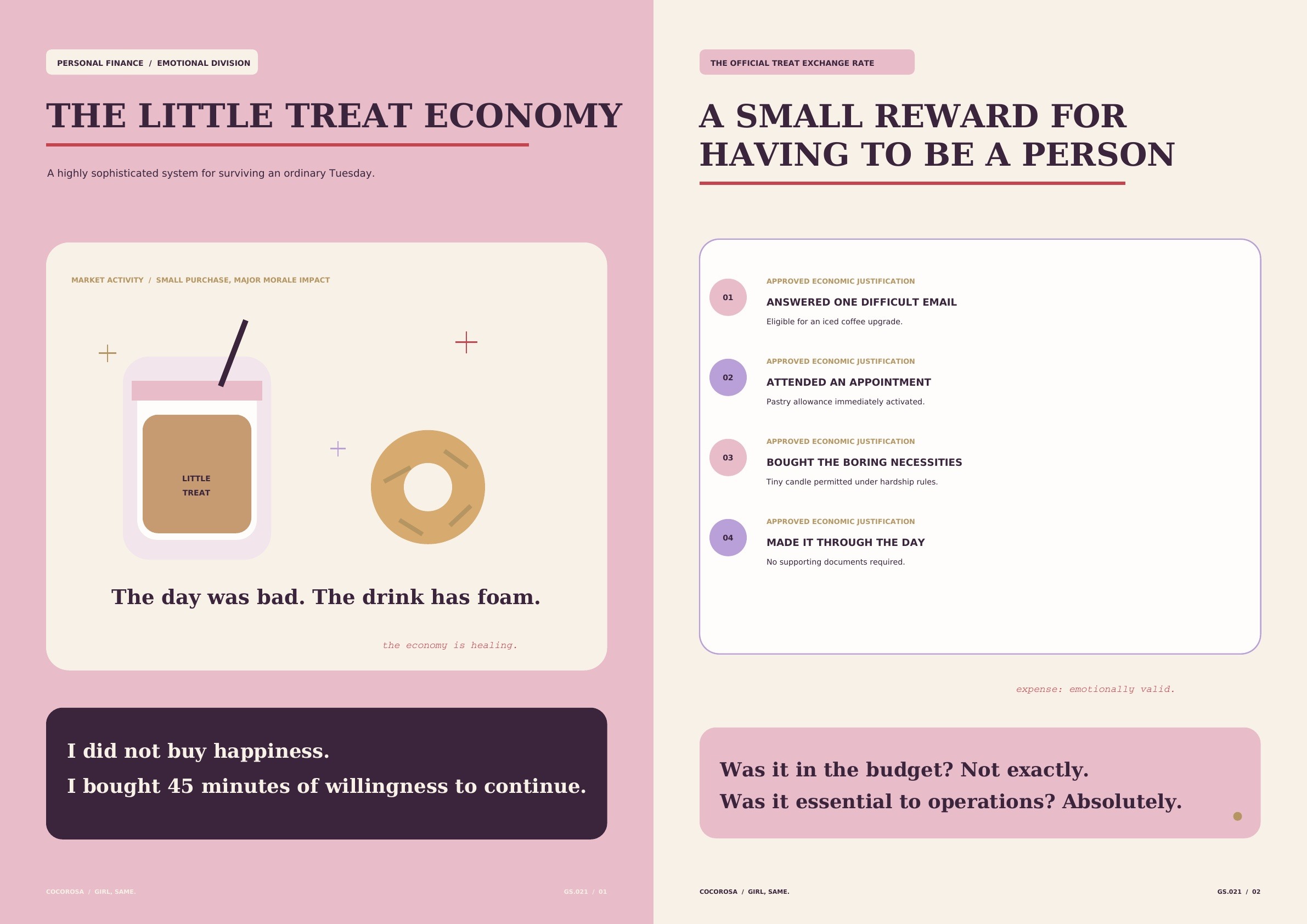 Two-page GIRL, SAME. preview about the emotional economics of a little treat
