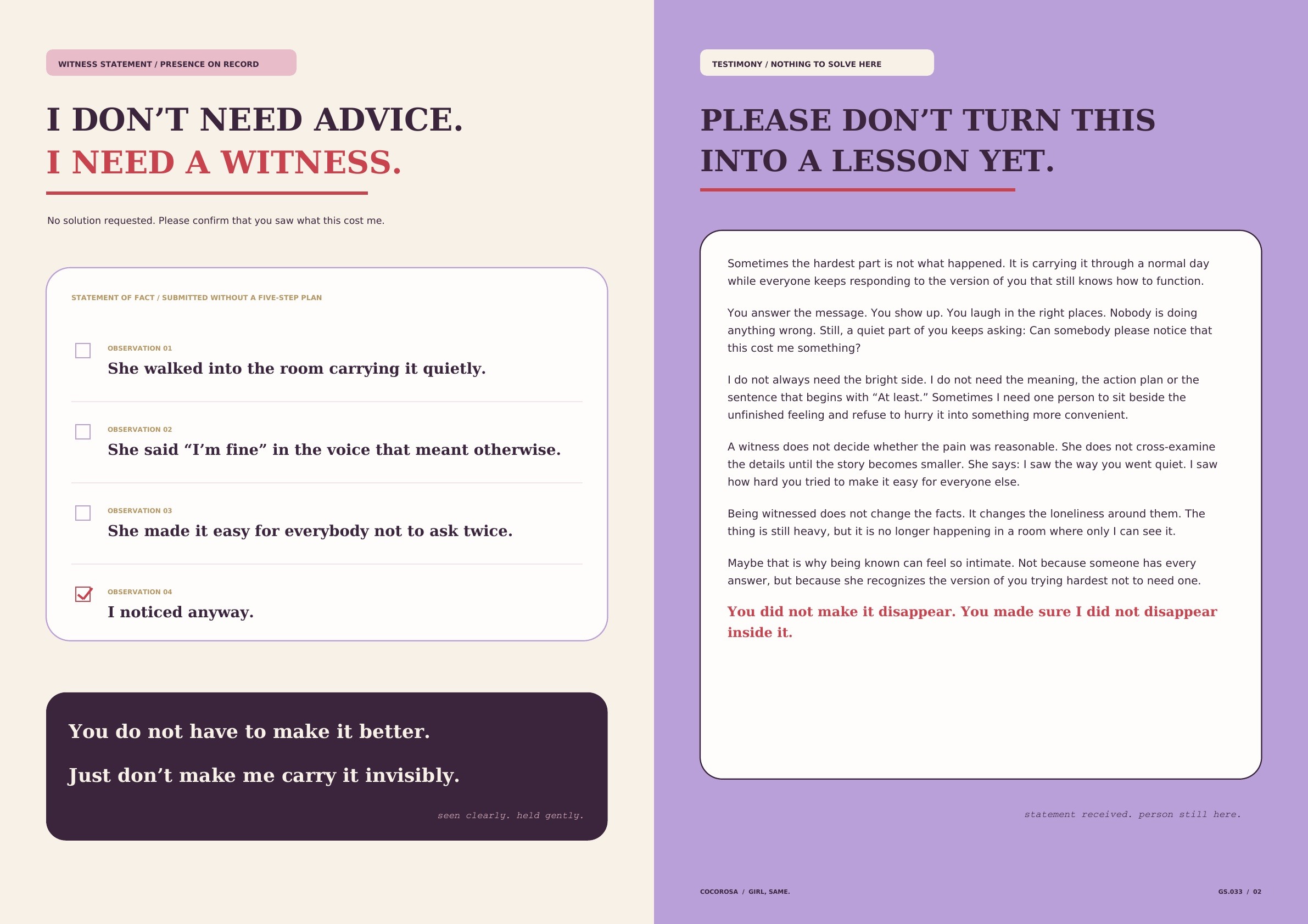 Two-page GIRL, SAME. preview about needing a witness rather than advice